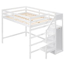 Full Size Loft Bed with Built-in Storage Wardrobe and Staircase, White
