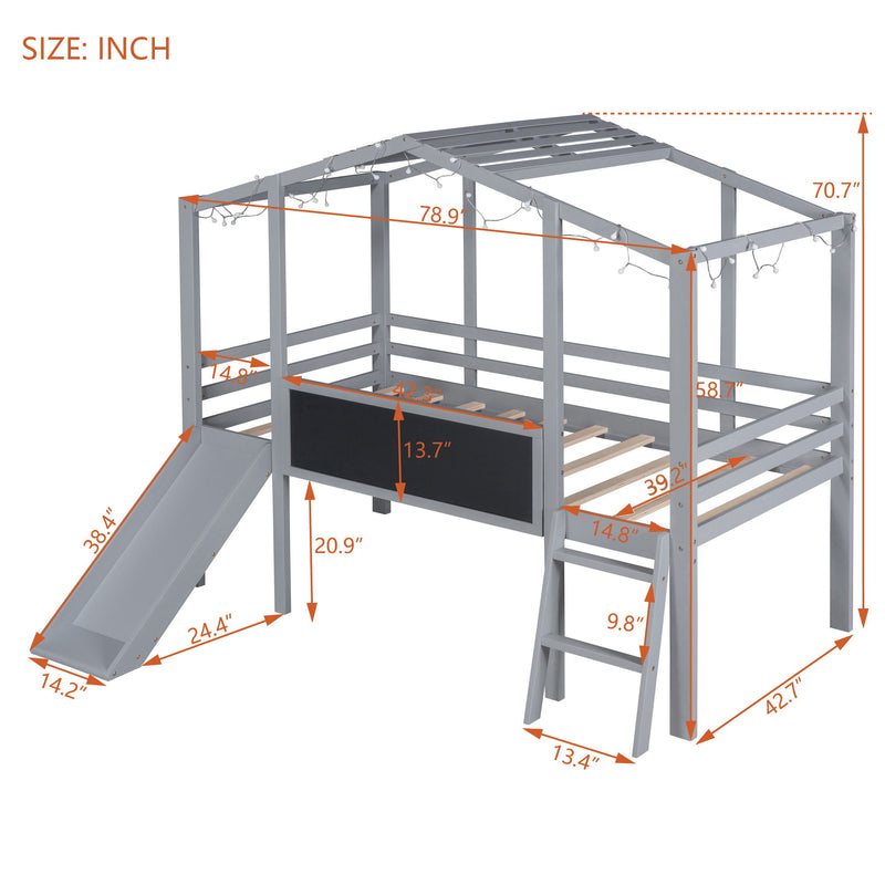 Loft House Bed With Ladder And Slide, With Blackboard And Light Strip On The Roof
