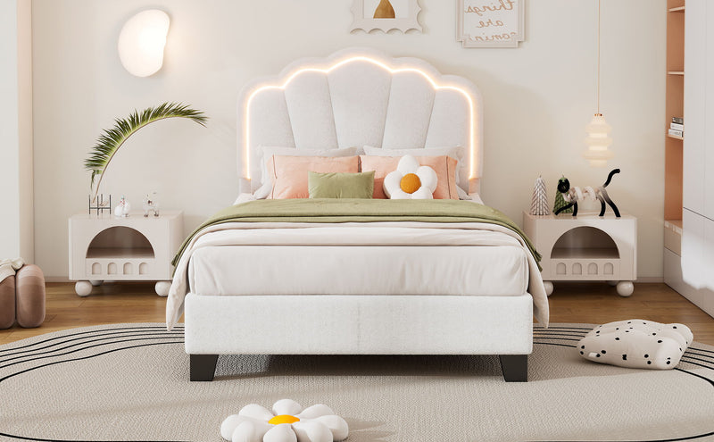 Upholstered Elegant Flowers Headboard With LED Light Strip, Platform Bed With Slats Support