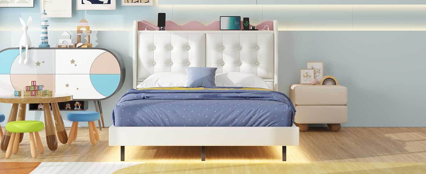 Full Size Upholstery Platform Bed Frame with LED Light Strips,Headboard Storage Space and Two USB Charging Deisgn,Beige
