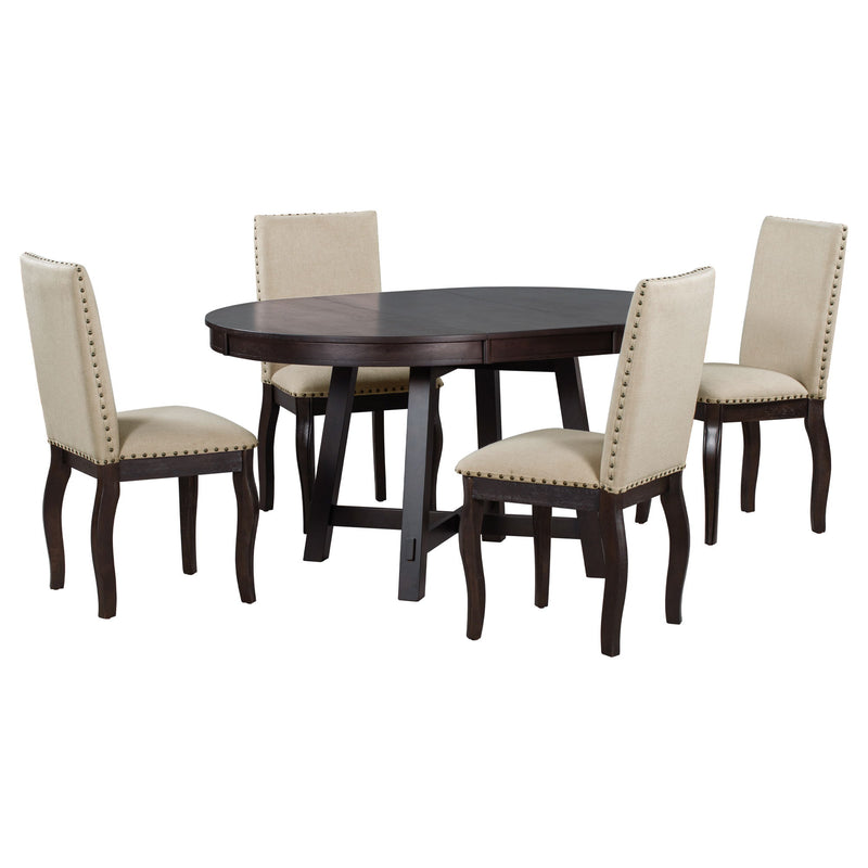 Farmhouse Dining Table Set Wood Round Extendable Dining Table And Upholstered Dining Chairs