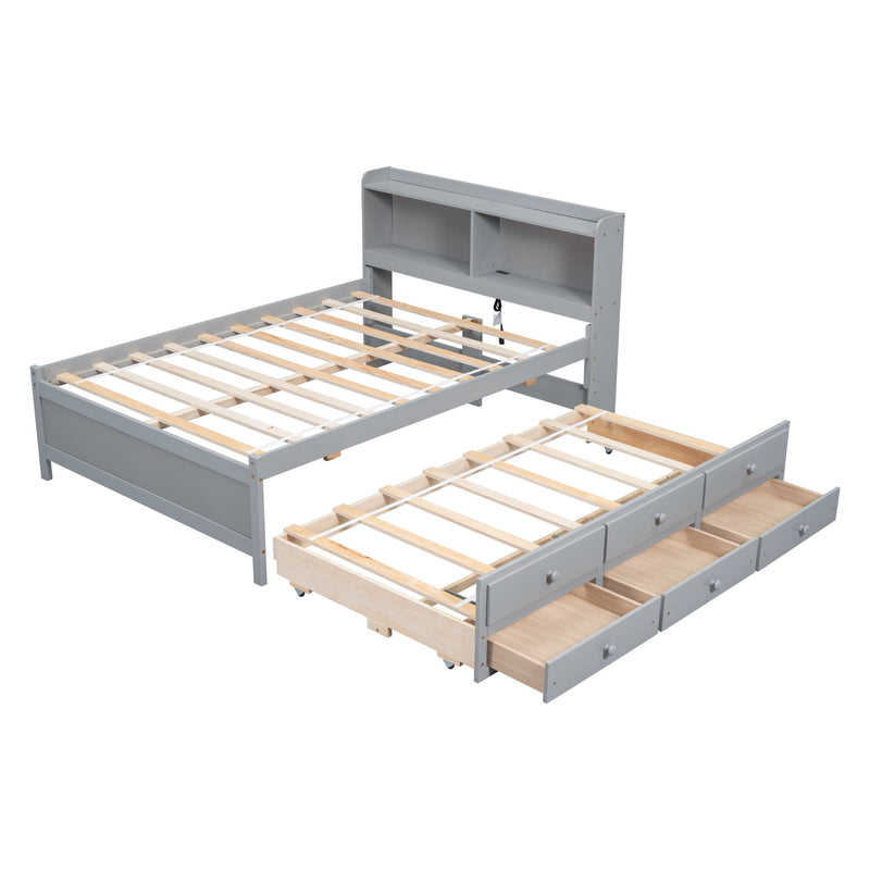 Bed With USB & Type-C Ports, LED Light, Bookcase Headboard, Trundle And 3 Storage Drawers, Bed With Bookcase Headboard, Trundle And Storage Drawers