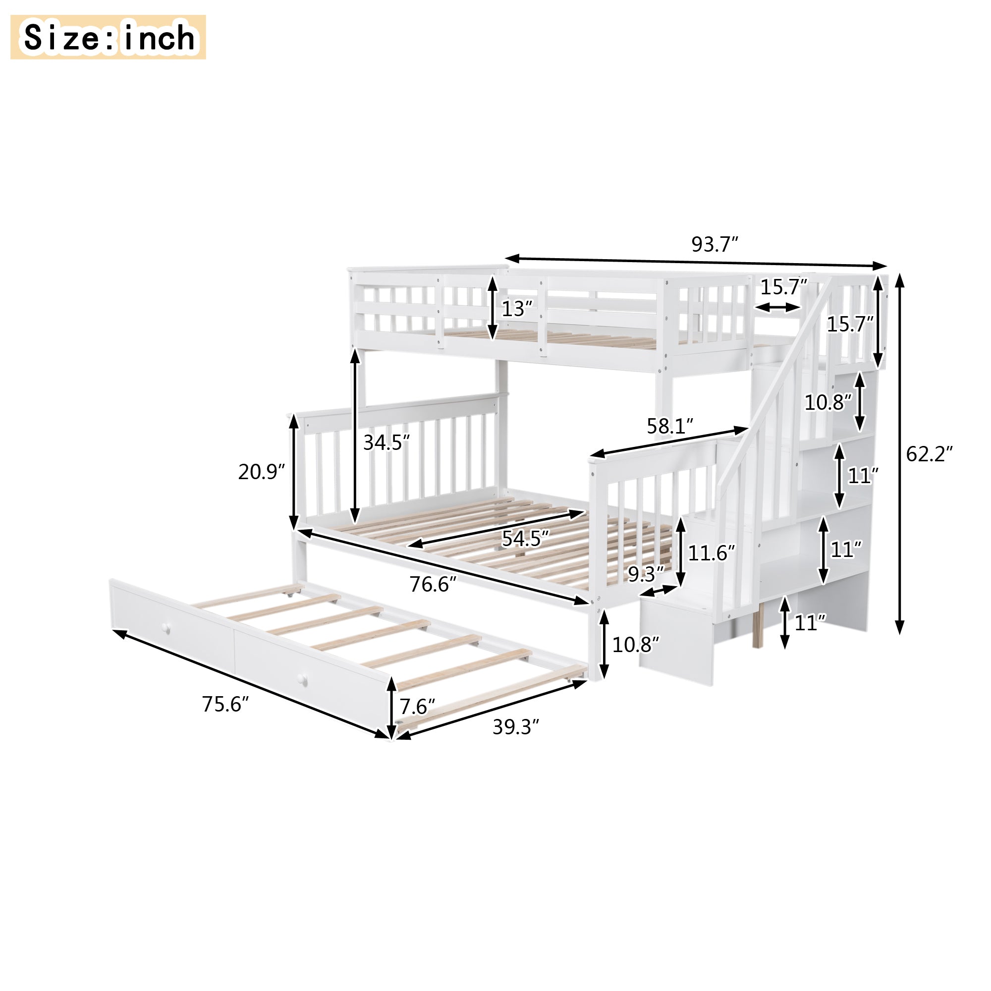 Twin-Over-Full Bunk Bed with Twin size Trundle, Storage and Guard Rail for Bedroom, Dorm, for Adults, White(OLD SKU :LT000119AAK) - Atlantic Fine Furniture Melbourne FL