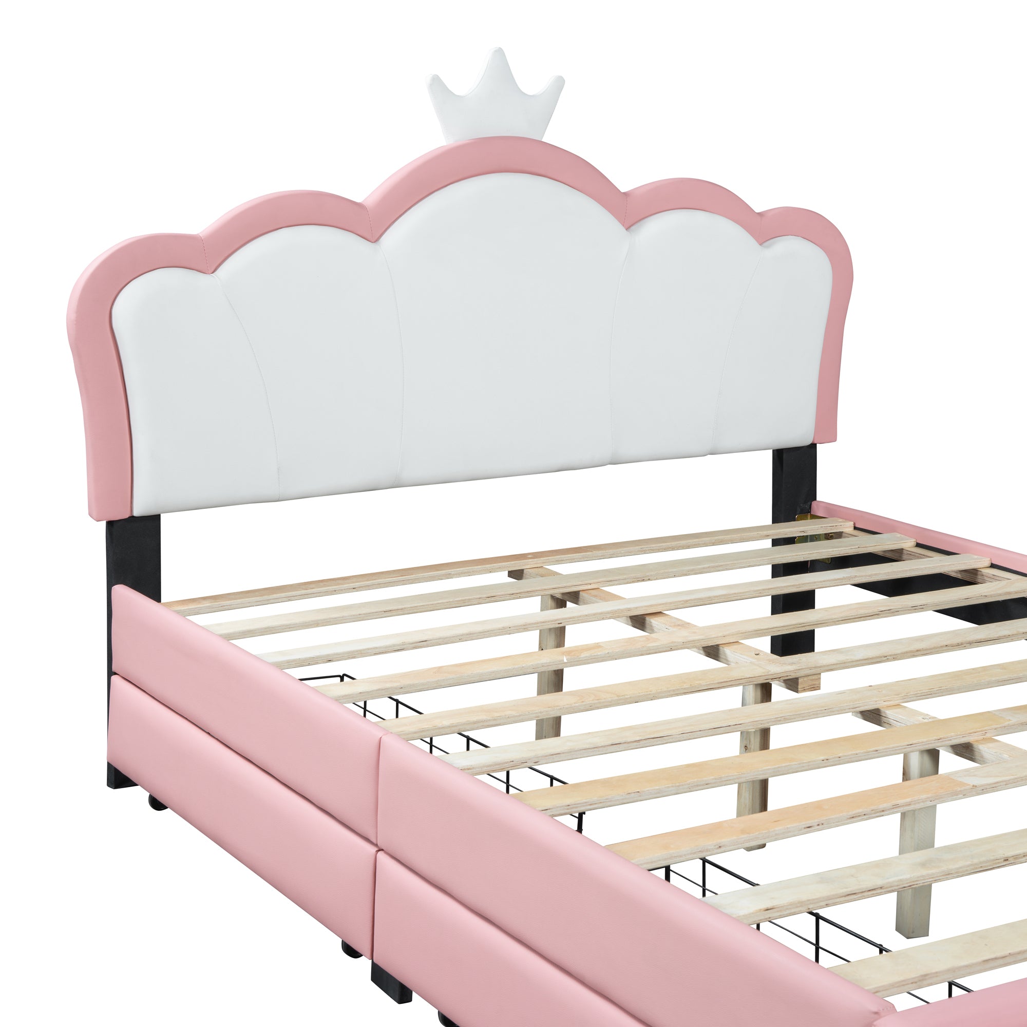 Full Size Princess Bed With Crown Headboard and 2 Drawers, Full size Platform Bed with Headboard and Footboard,White+Pink