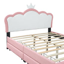 Full Size Princess Bed With Crown Headboard and 2 Drawers, Full size Platform Bed with Headboard and Footboard,White+Pink