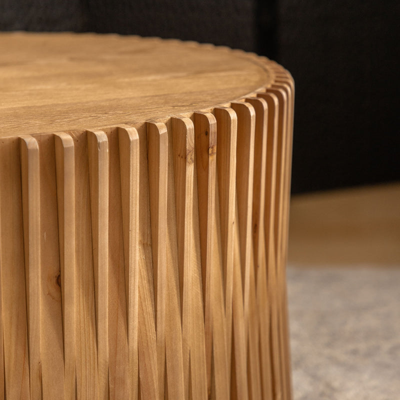 Vintage Fashion Style Cylindrical Nesting Coffee Table Set With Vertical Textured Embossed Design - Natural