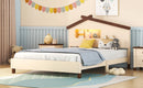 Full Size Wood Platform Bed with House-shaped Headboard and Motion Activated Night Lights (Cream+Walnut)