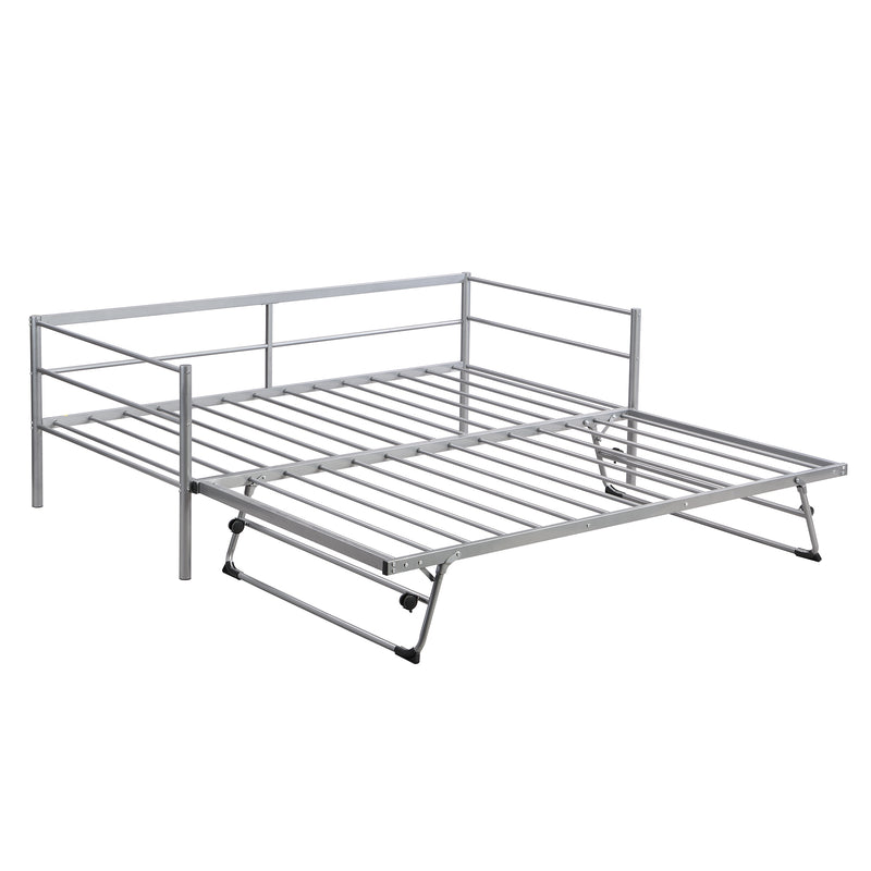 Twin Size Metal Daybed with Adjustable Trundle, Pop Up Trundle, Silver