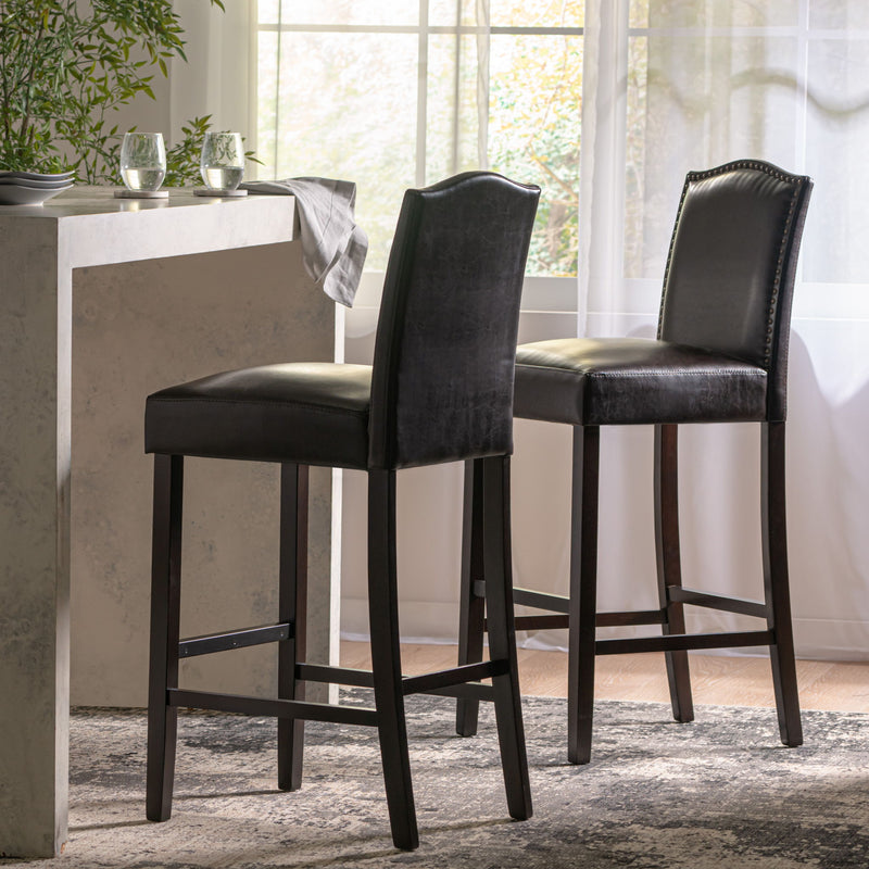 Bar Stools (Set of 2), Upholstered Barstools Armless, Rubber Wood Leg - Brown