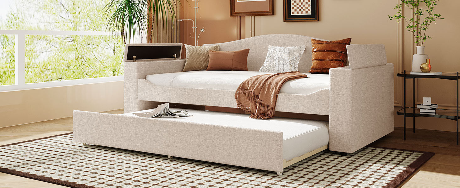 Twin Size Upholstered Daybed with Storage Armrests, Trundle and Latest Integrated Bluetooth Audio System, Teddy Fleece, Beige - Atlantic Fine Furniture Melbourne FL