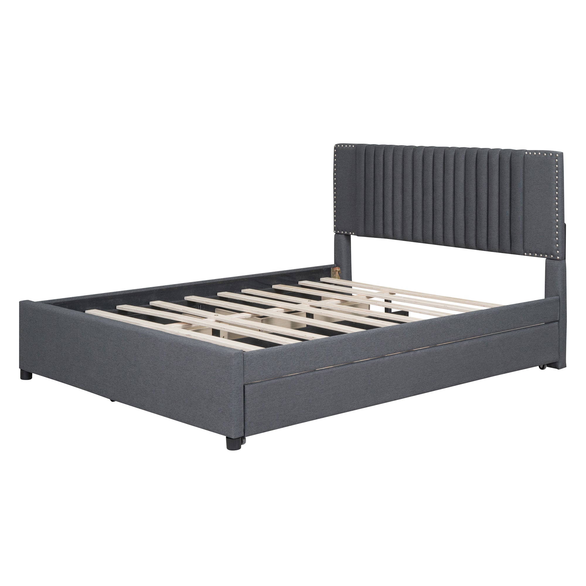 Queen Size Upholstered Platform Bed with 2 Drawers and 1 Twin XL Trundle, Classic Headboard Design, Gray - Atlantic Fine Furniture Melbourne FL