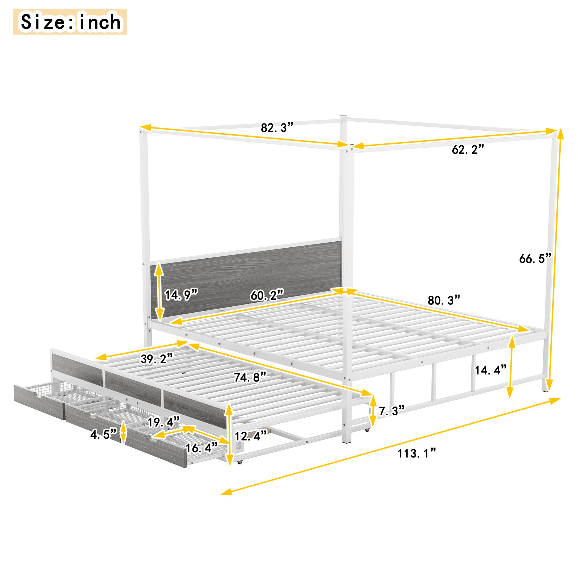 Queen Size Metal Canopy Platform Bed with Twin Size Trundle and 3 Storage Drawers, White - Atlantic Fine Furniture Melbourne FL
