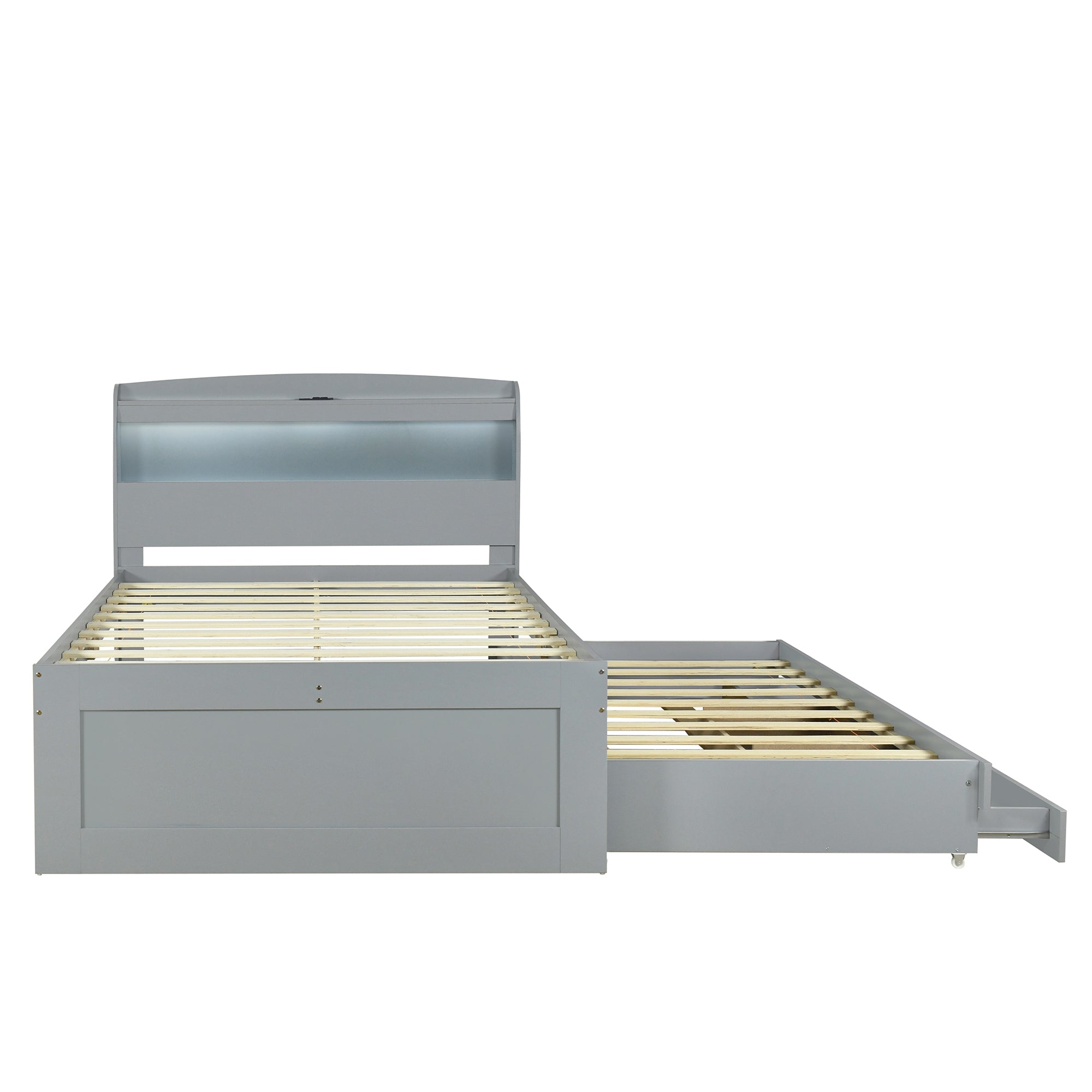 Full XL Size Platform Bed with Storage LED Headboard, Charging Station, Twin Size Trundle and 2 Drawers, Gray - Atlantic Fine Furniture Melbourne FL
