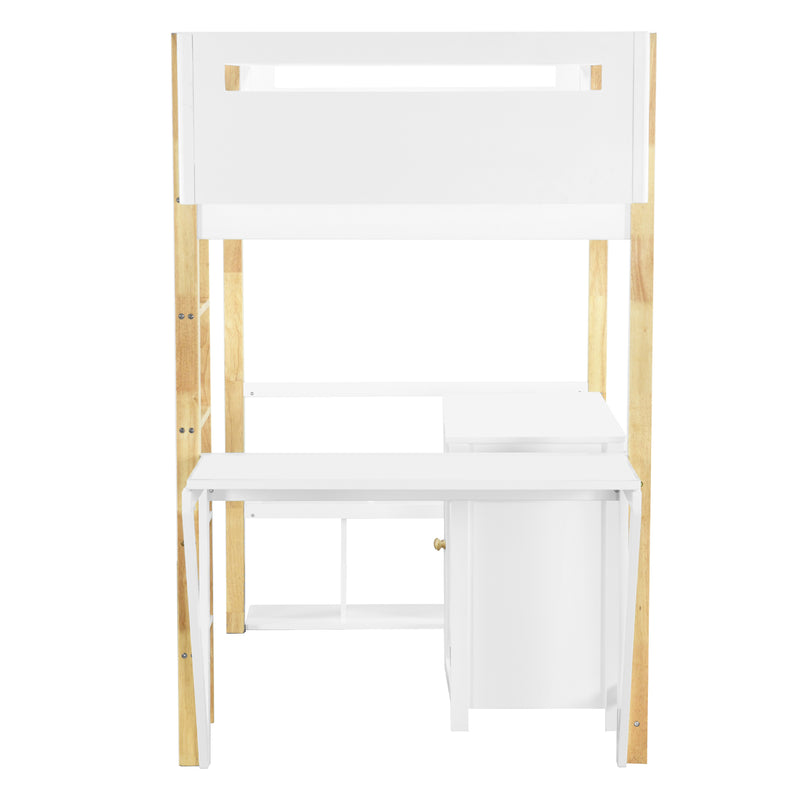 Twin Size Wood Loft Bed With Built-in Storage Cabinet and Cubes, Foldable desk, White