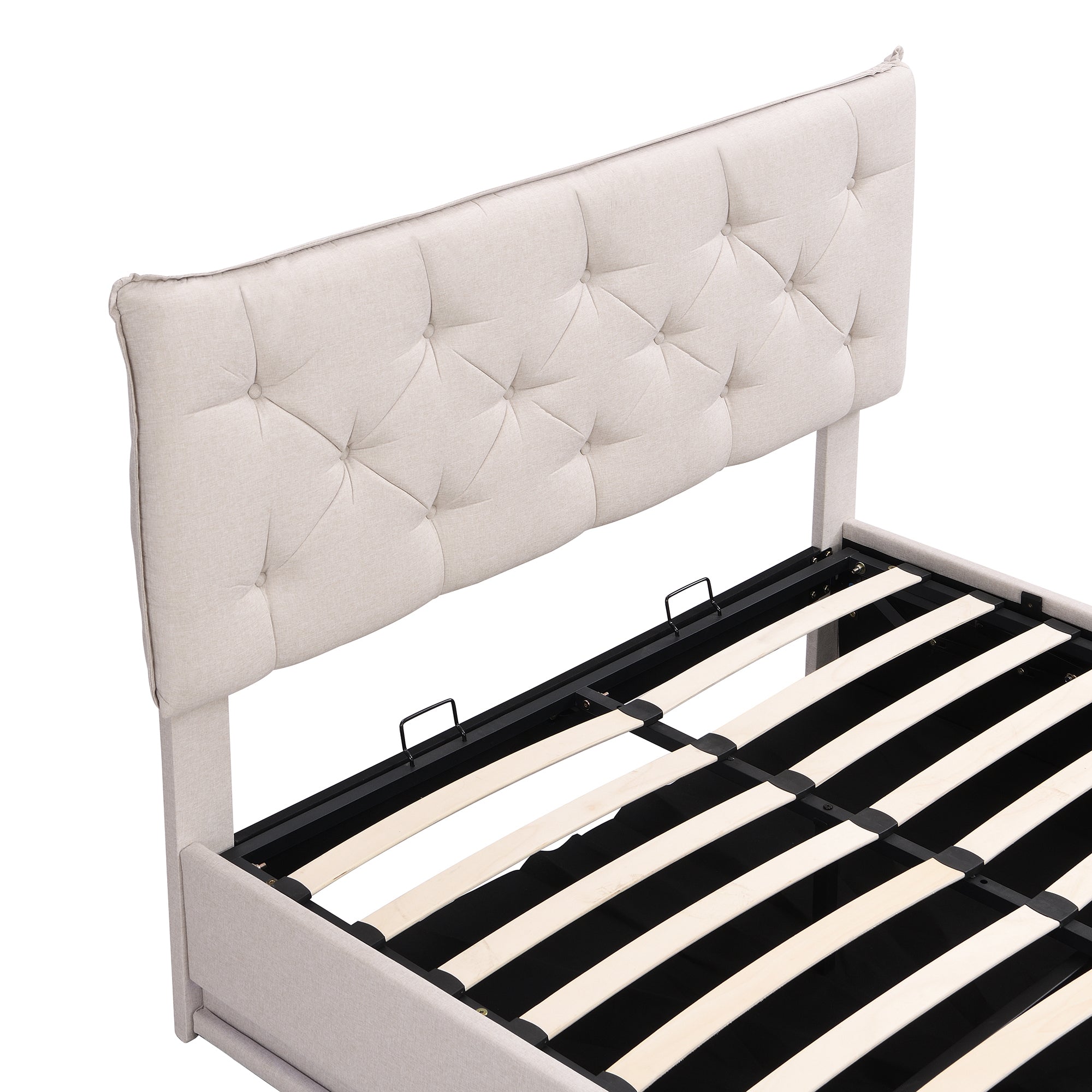 Full Size Upholstered Bed with Hydraulic Storage System and LED Light, Modern Platform Bed with Button-tufted Design Headboard, Beige - Atlantic Fine Furniture Melbourne FL