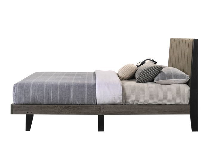 Valdemar - Queen Bed - Brown Fabric & Weatheted Gray Finish - Atlantic Fine Furniture Inc