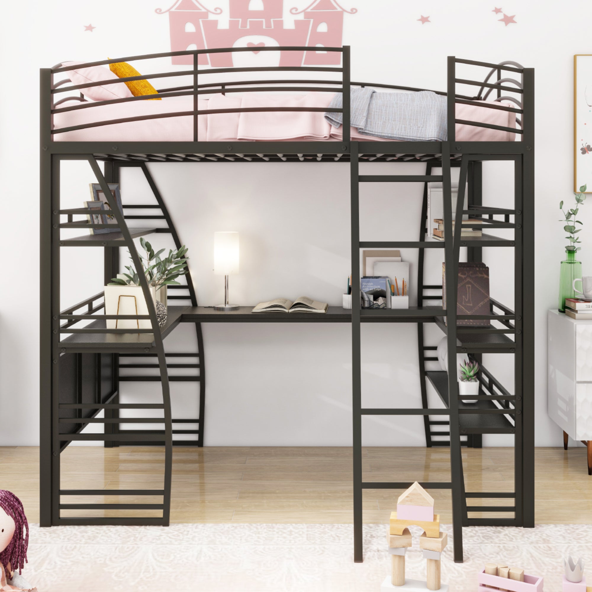 Full Size Loft Bed with 4 Layers of Shelves and L-shaped Desk, Stylish Metal Frame Bed with a set of Sockets, USB Ports and Wireless Charging, Black - Atlantic Fine Furniture Melbourne FL