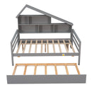 Full Size Platform Bed with Trundle and Shelves, Gray