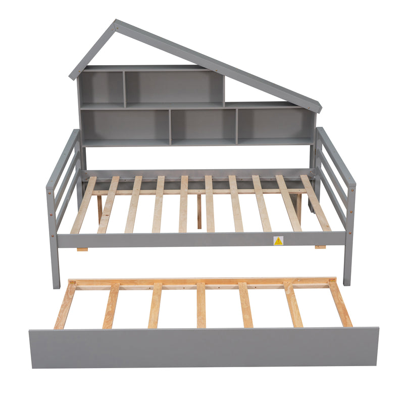 Full Size Platform Bed with Trundle and Shelves, Gray