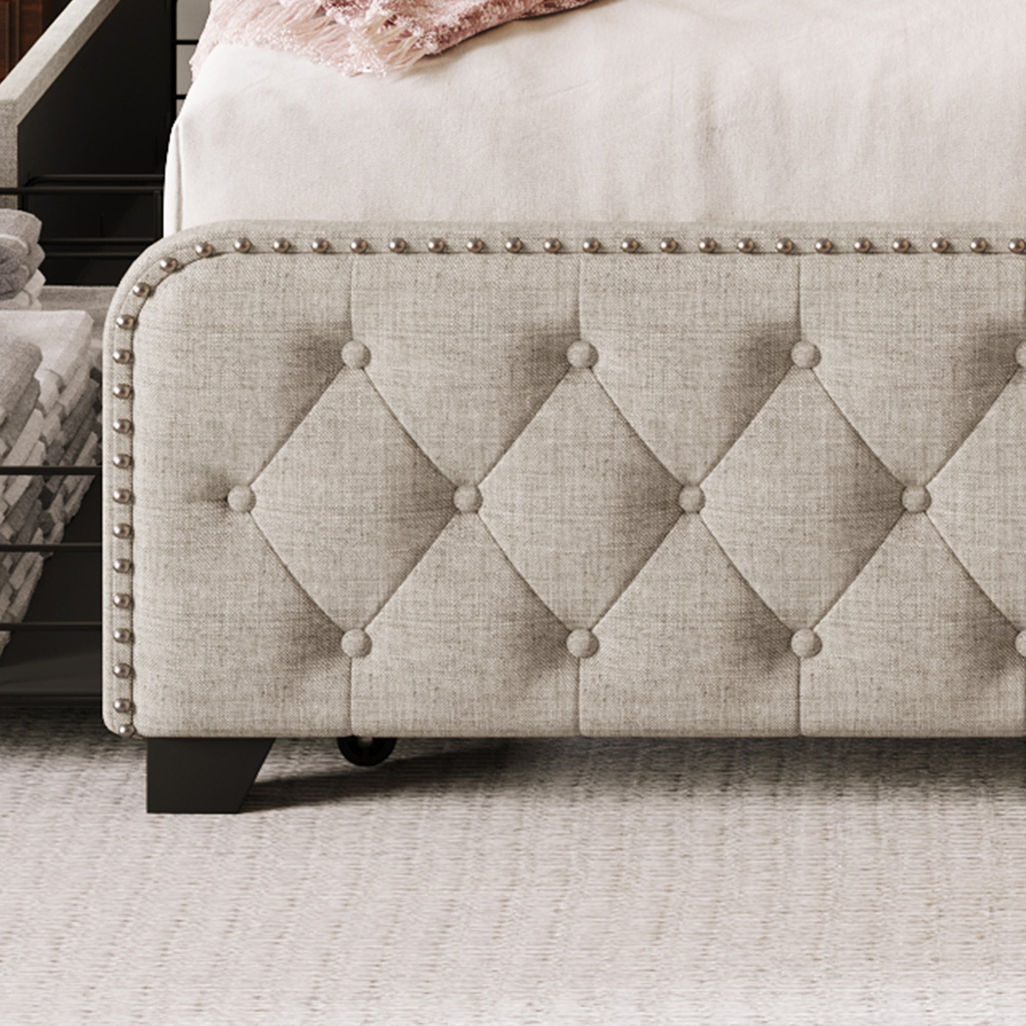 Upholstered Platform Bed Frame with Four Drawers, Button Tufted Headboard and Footboard Sturdy Metal Support, No Box Spring Required, Beige, Full (Old sku:BS300281AAA) - Atlantic Fine Furniture Melbourne FL