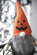 Sitting Gnome With Knit Hat, For Halloween Decor - Black / Orange / White