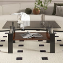 Modern Rectangular Coffee Table With Tempered Transparent Glass Top And Storage Shelf