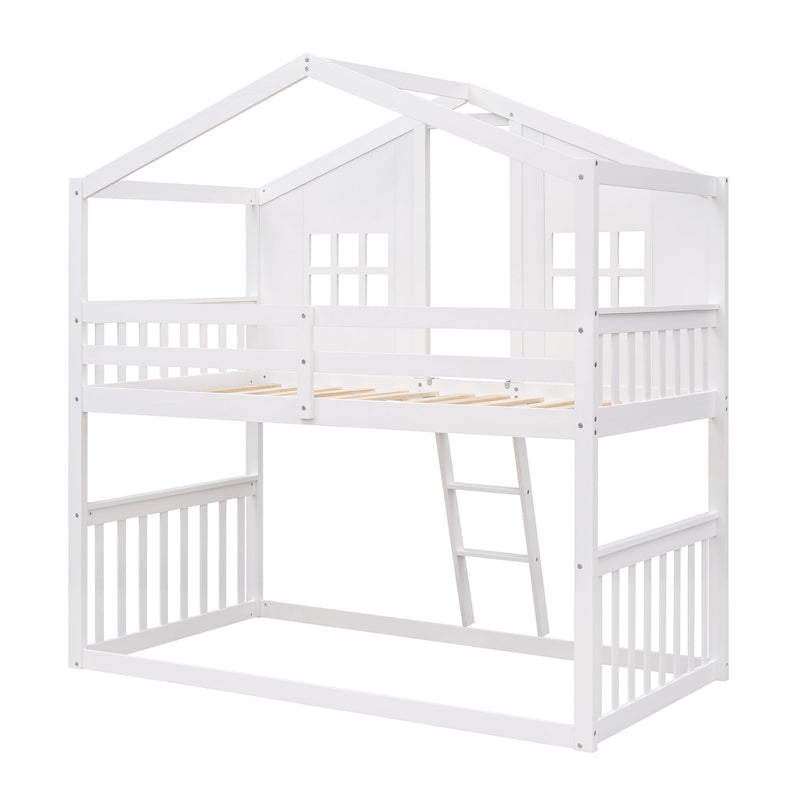 Twin Over Twin House Bunk Bed With Ladder, Wood Bed