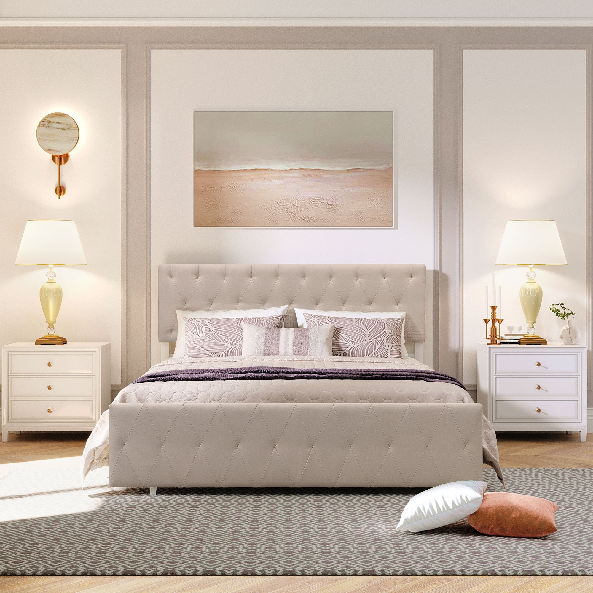 Queen Size Storage Bed Metal Platform Bed with a Big Drawer - Beige