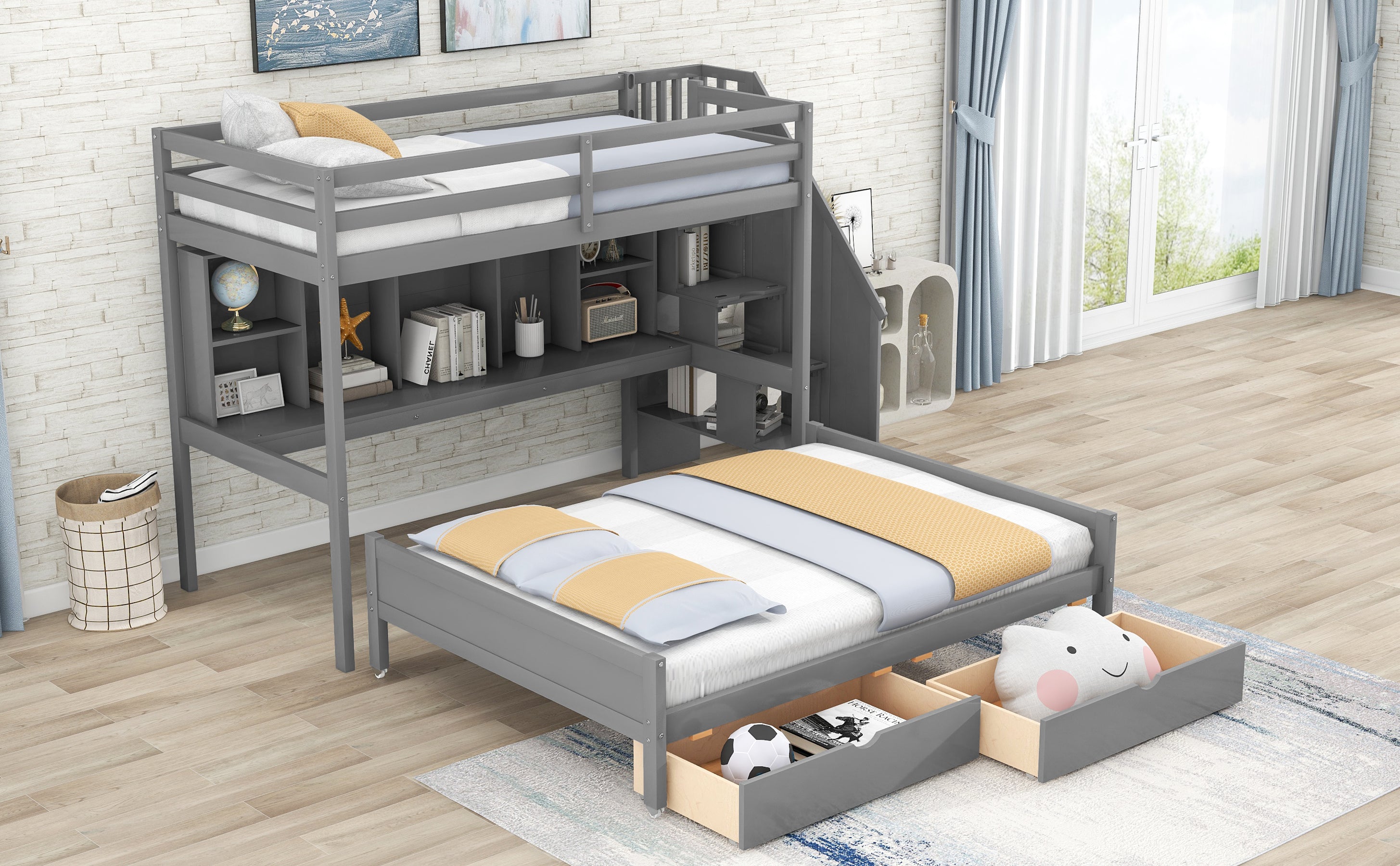 Twin XL over Full Bunk Bed with Built-in Storage Shelves, Drawers and Staircase,Gray - Atlantic Fine Furniture Melbourne FL