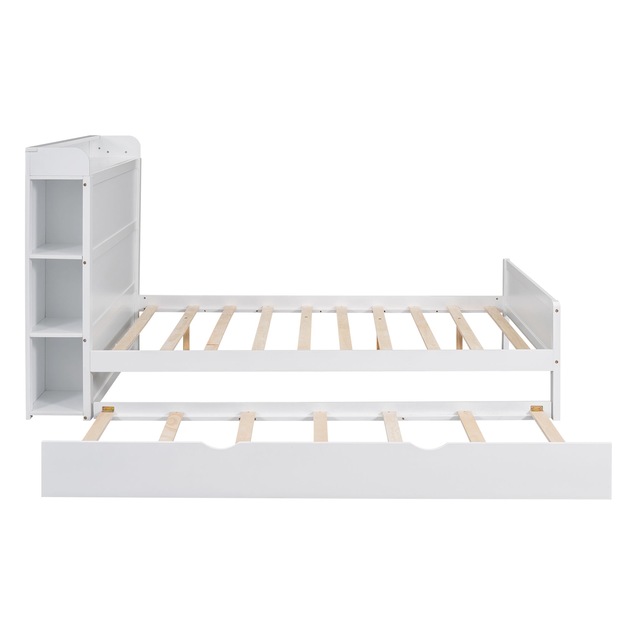 Full Size Platform Bed with Storage Headboard and Twin Size Trundle, White - Atlantic Fine Furniture Melbourne FL