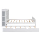Full Size Platform Bed with Storage Headboard and Twin Size Trundle, White