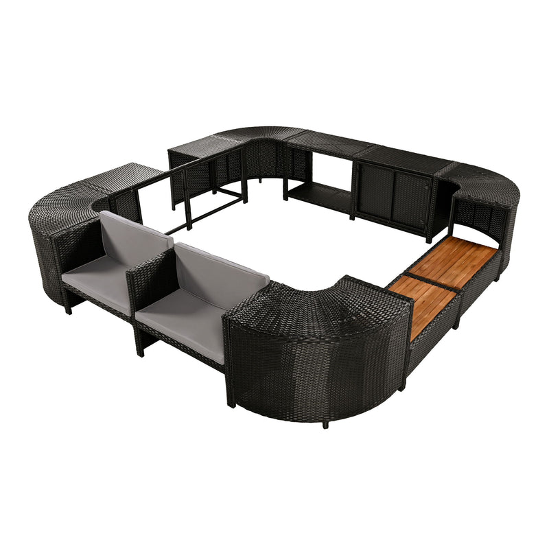 Spa Surround Spa Frame Quadrilateral Outdoor Rattan Sectional Sofa Set With Mini Sofa, Wooden Seats And Storage Spaces