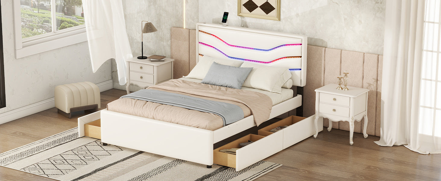 Queen Size Upholstered Storage Platform Bed with LED, 4 Drawers and USB Charging, White - Atlantic Fine Furniture Melbourne FL