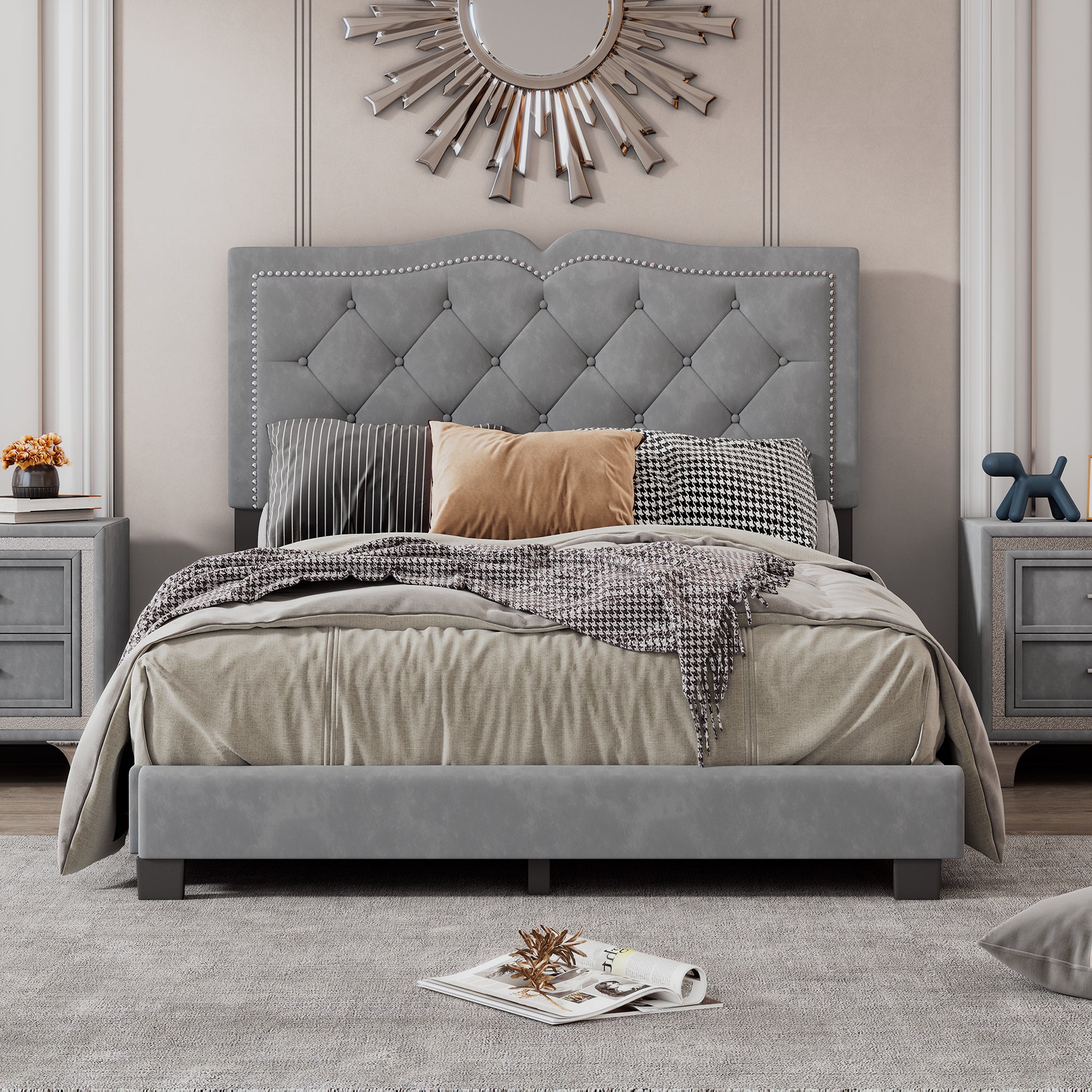 Full Size Upholstered Bed Frame with Rivet Design, Modern Velvet Platform Bed with Tufted Headboard,Gray - Atlantic Fine Furniture Melbourne FL