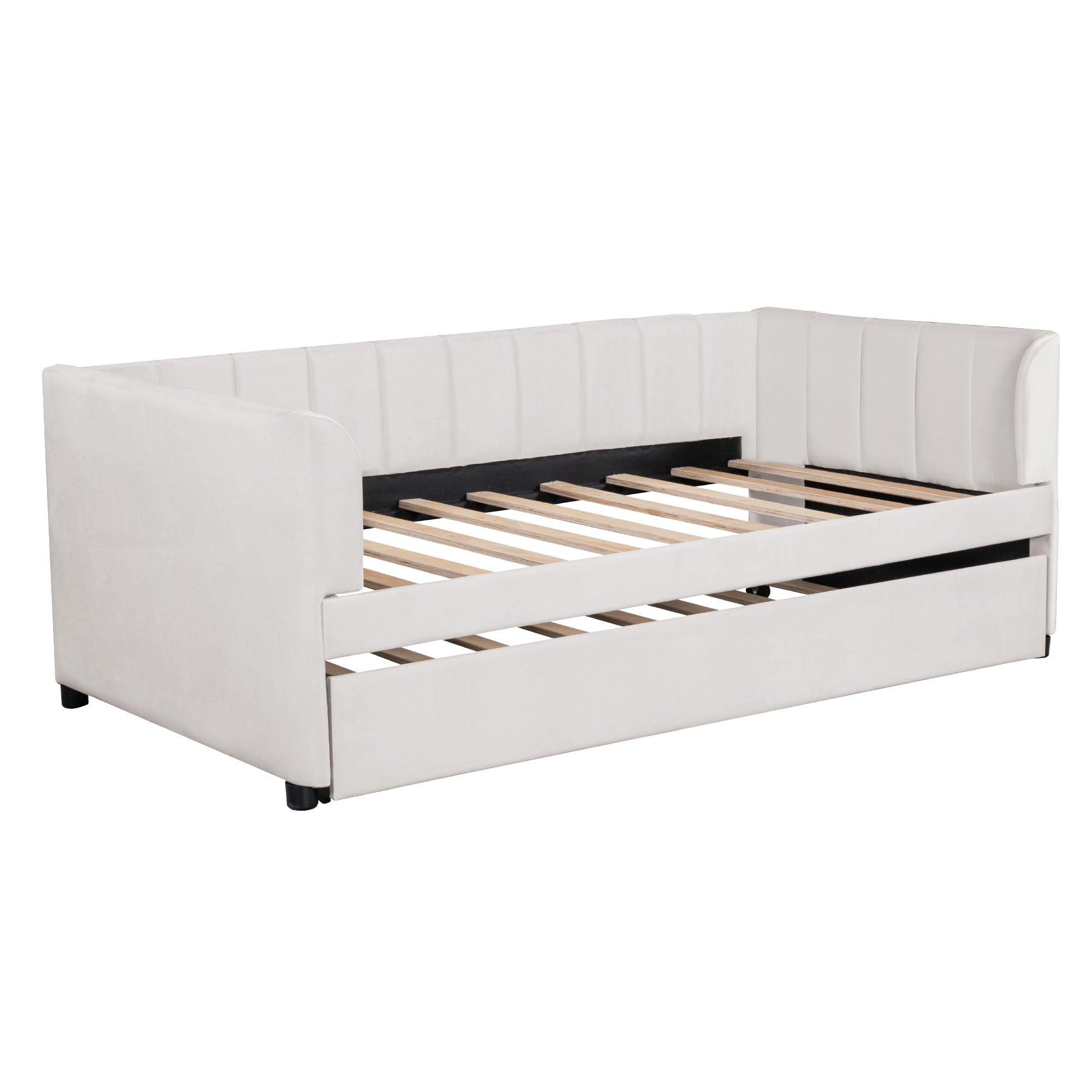 Twin Size Upholstered Daybed with Ergonomic Design Backrest and Trundle, Beige - Atlantic Fine Furniture Melbourne FL