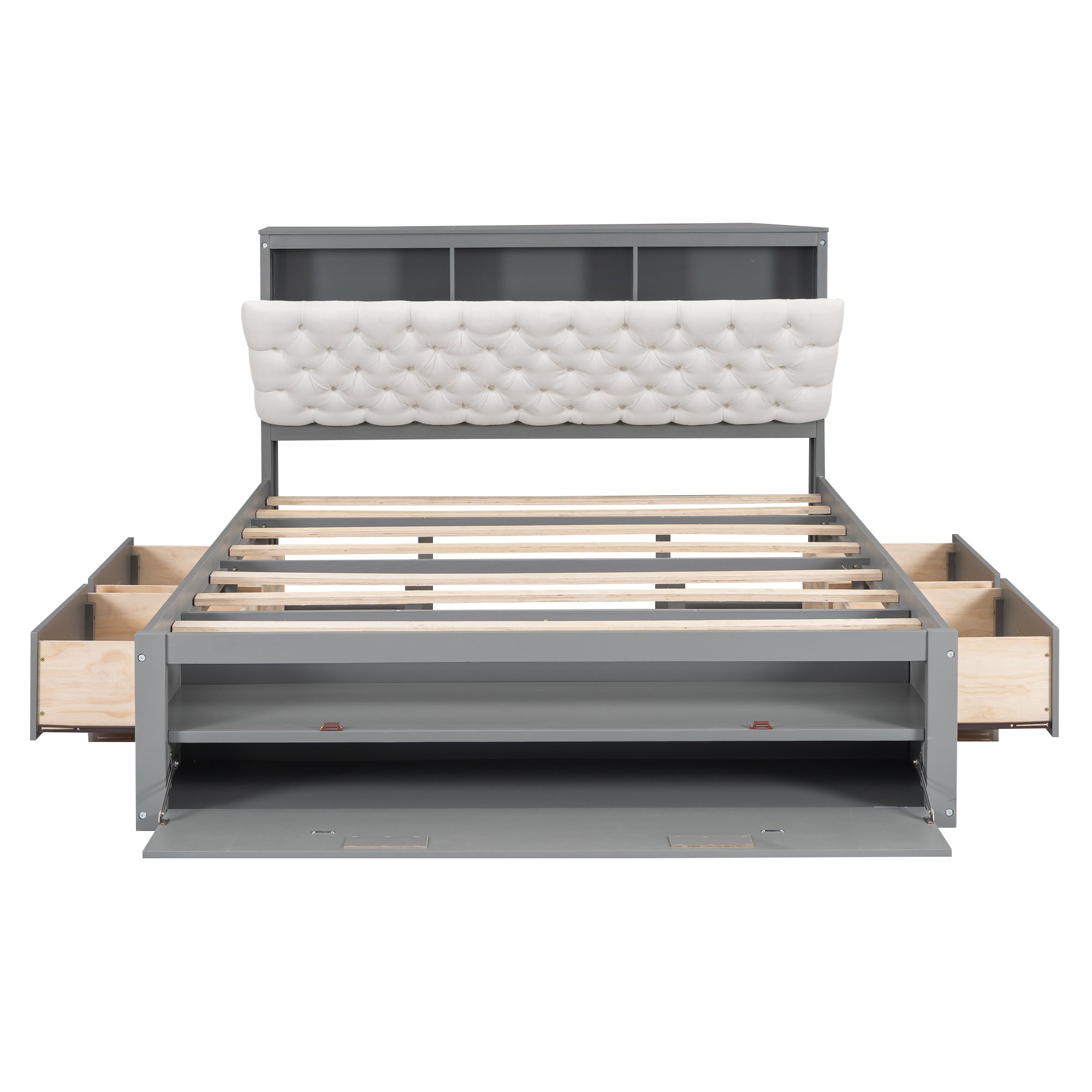 Wood Queen Size Platform Bed with Storage Headboard, shoe rack and 4 drawers,Gray - Atlantic Fine Furniture Melbourne FL