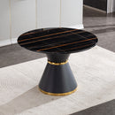 Marble Printed Round Dining Table - Black Columnar Base With Gold Annulus Not Including Chairs - Black