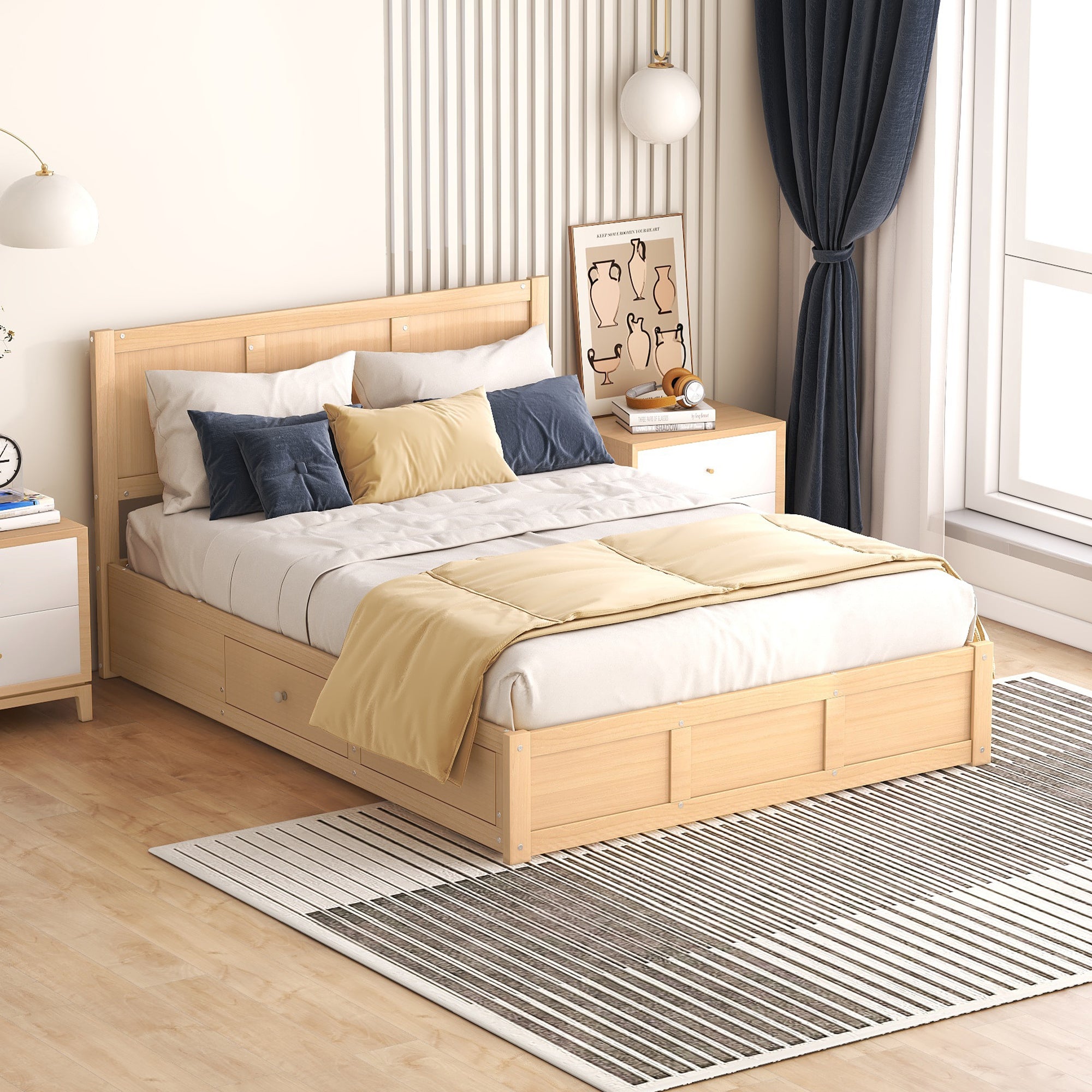 Full Size Wood Platform Bed with Underneath Storage and 2 Drawers, Wood Color - Atlantic Fine Furniture Melbourne FL