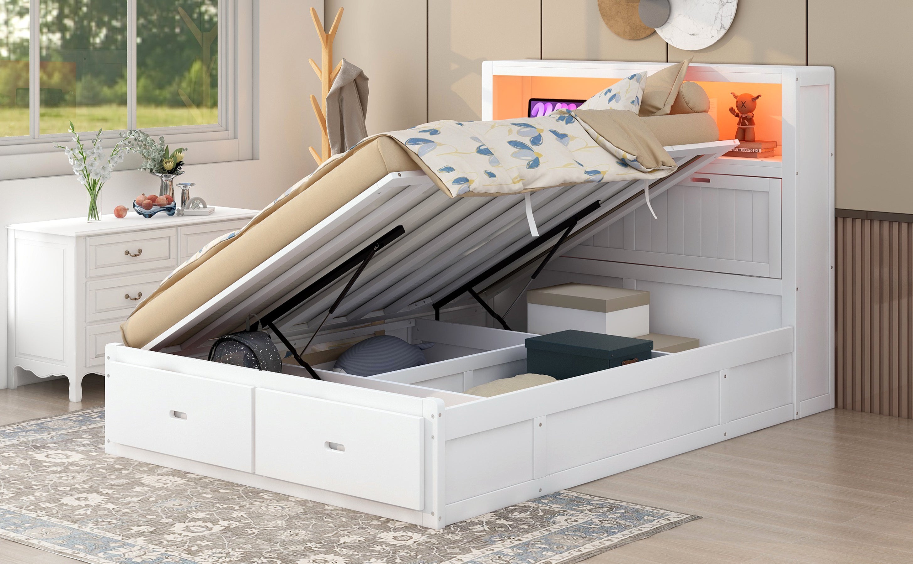 Wood Queen Size Hydraulic Platform Bed with Storage LED Headboard, Charging Station and 2 Drawers, White - Atlantic Fine Furniture Melbourne FL