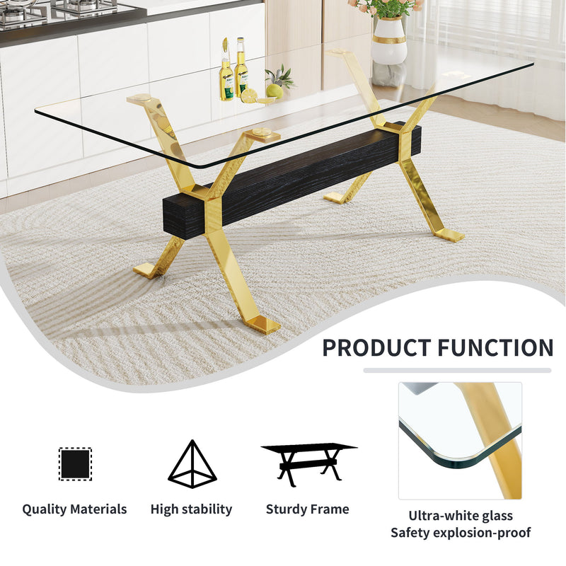 Modern Tempered Glass Dining Table With Metal Legs And Crossbars - Transparent