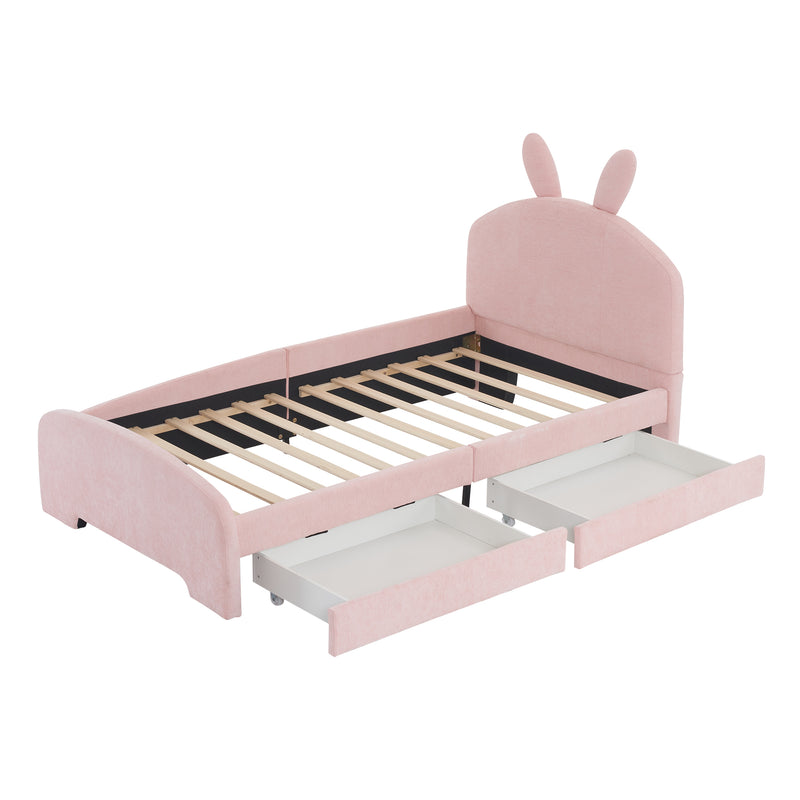 Twin Size Upholstered Platform Bed with Cartoon Ears Shaped Headboard and 2 Drawers, Pink