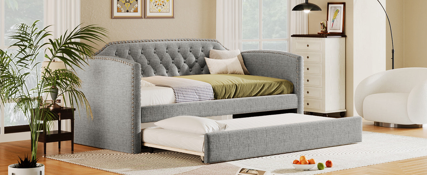 Twin Size Upholstered Daybed with Trundle for Guest Room, Small Bedroom, Study Room, Gray - Atlantic Fine Furniture Melbourne FL
