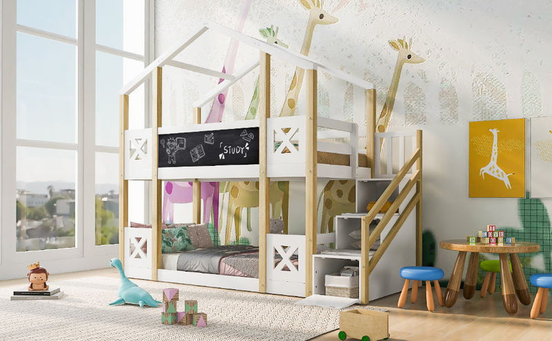 Twin Over Twin House Bunk Bed With White Storage Staircase And Blackboards - White