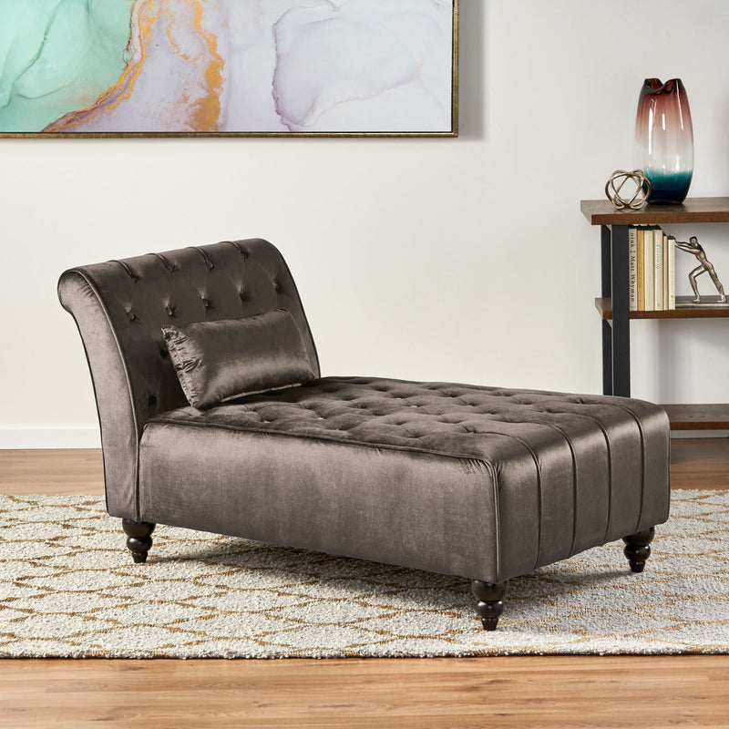 Ethereala - Upholstered Velvet Chaise Lounge With Button Tufted - Gray