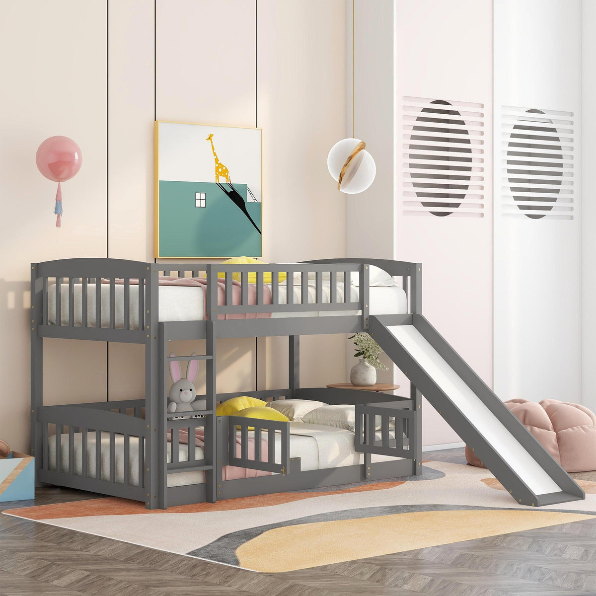 Bunk Bed with Slide,Twin Over Twin Low Bunk Bed with Fence and Ladder for  Toddler Kids Teens Grey - Atlantic Fine Furniture Inc., image size:1200x1200