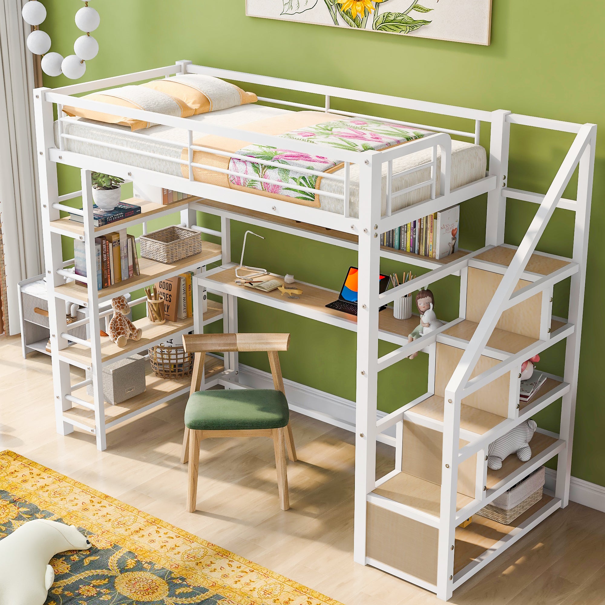 Twin Size Metal Loft bed with Staircase, Built-in Desk and Storage Shelves, White - Atlantic Fine Furniture Melbourne FL