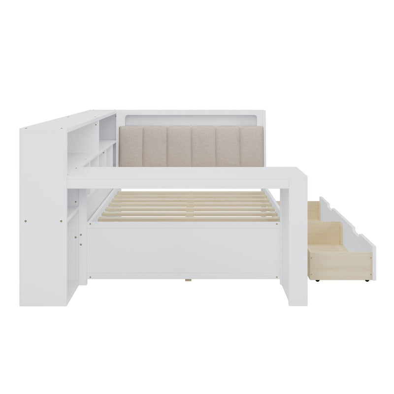 L Shaped Daybed With Desk, Bookcase, Upholstered Headboard, Drawers, And LED Light
