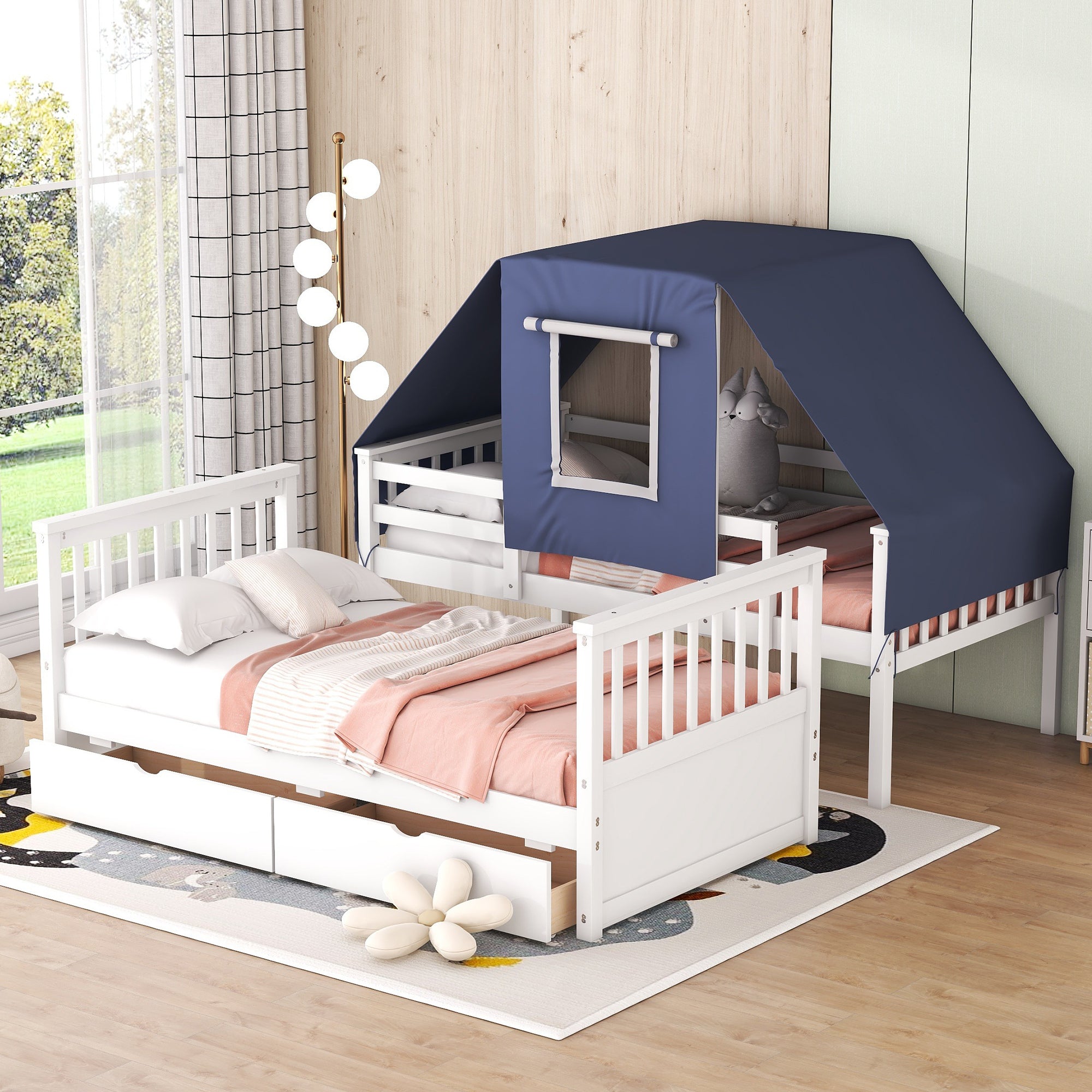 Twin Over Twin Bunk Bed Wood Bed with Tent and Drawers, White+Blue Tent - Atlantic Fine Furniture Melbourne FL