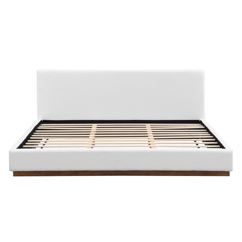 Elegant Boucle Upholstered Bed With Wood Grain Textured Solid Wood Base Frame