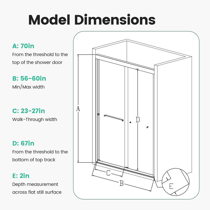 56" -60" W*70" H Semi-Frameless Double Sliding Shower Door, Bypass Shower Door, 1 / 4" (6Mm) Thick SGCC Tempered Glass Door - Chrome